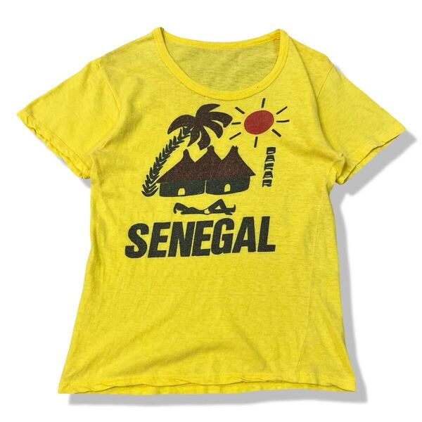 【00s】SENGAL セネガル ダカール 常夏 プリントTシャツ イエロー 実寸S ヤシの木 半袖 ショート丈 ビンテージTシャツ 古着