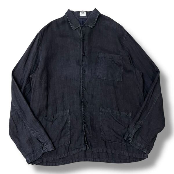 【2005SS】C.P.COMPANY(シーピーカンパニー) ユーロワーク リネンシャツ ネイビー XL 刺繍ロゴ 長袖 ビンテージシャツ イタリア製