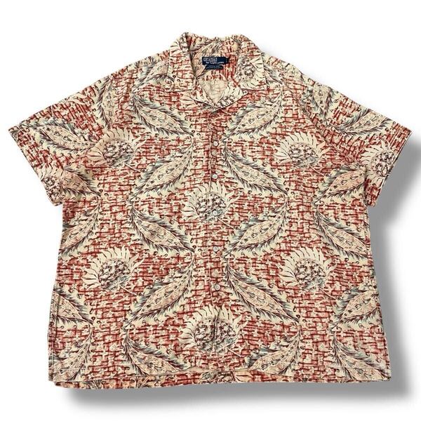 【90s】ポロラルフローレン VINTAGE CAMP リネンコットン オープンカラーシャツ XL ヴィンテージキャンプ rrl 総柄 半袖 開襟 アロハシャツ