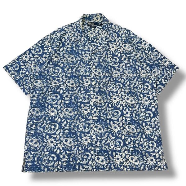 【90s】ポロラルフローレン CALDWELL 半袖 オープンカラーシャツ ブルー L 花柄 総柄 開襟 rrl アロハシャツ ビンテージシャツ 古着
