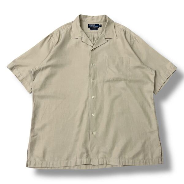 【90s】ポロラルフローレン CALDWELL シルク コットン オープンカラーシャツ ベージュ L ポニー無し rrl 半袖 開襟 ビンテージシャツ 古着