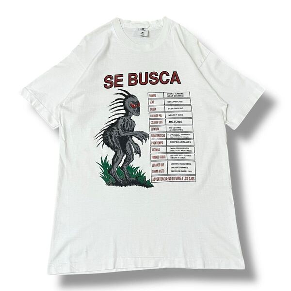 【90s】USA製 SE BUSCA チュパカブラ イラストプリントTシャツ L フルーツオブザルーム 半袖 シングルステッチ ビンテージTシャツ 古着