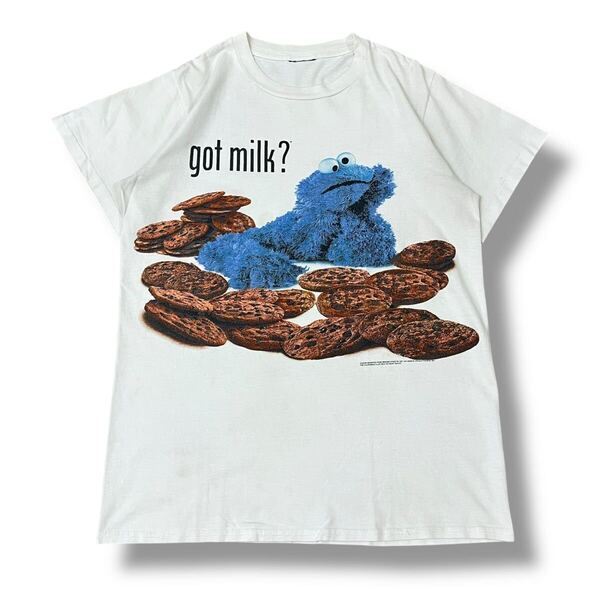【90s】希少!セサミストリート クッキーモンスター got milk? キャラクターTシャツ 実寸:M 半袖 シングルステッチ ビンテージTシャツ 古着