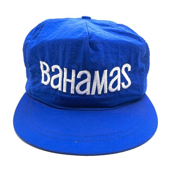 【90s】Bahamas(バハマ) 刺繍ロゴ ナイロン トラッカーキャップ ブルー 5パネル スナップバック 刺繍ロゴ ヴィンテージキャップ 帽子