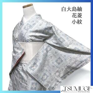 小紋 白大島紬 花菱 縦縞 花模様 着物 023a d