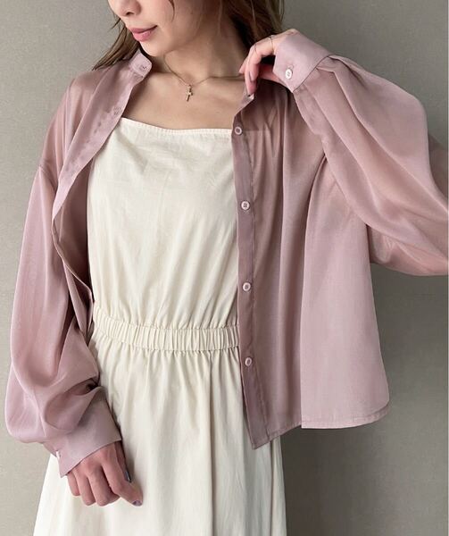 JUNOAH ジュノア スタンドカラーシアーショートシャツ ピンク Lサイズ
