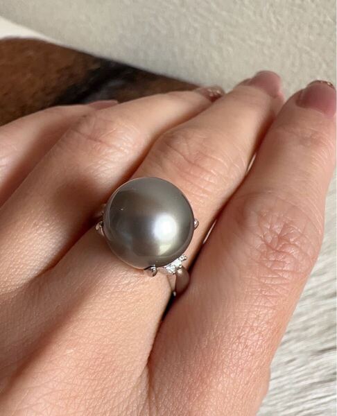 ★極美品★ 上質南洋シルバーブラックパール12.4mm&ダイヤ0.06ct 高級Pt900リング 希少カラー真珠 指輪