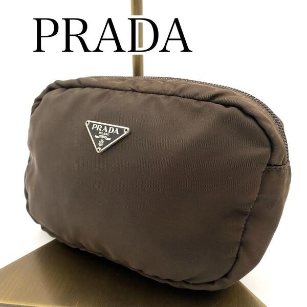PRADA プラダ ナイロンポーチ 小物入れ カーキ 三角プレート
