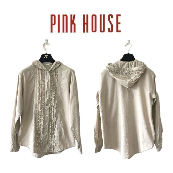 【PINKHOUSE】フード付きピコフリルブラウス(ベージュ)【美品】綿ローン ピンクハウス 金子功 青木美沙子 KANEKOISAO シャツ トップス