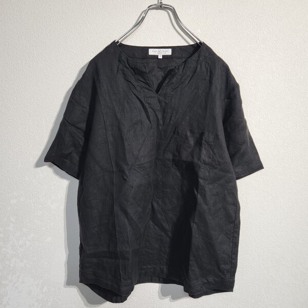 UNITED ARROWS ユナイテッドアローズ キーネック リネンシャツ プルオーバー 麻 黒 レディースS オーバーサイズ ビッグシルエット 90s