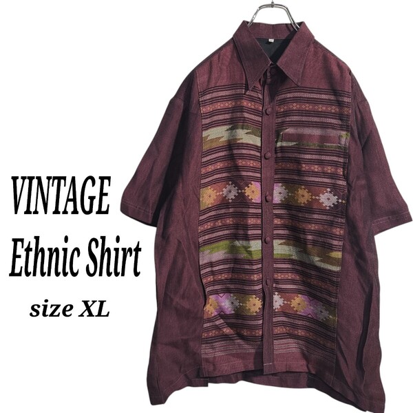 VINTAGE ヴィンテージ ショートスリーブシャツ 半袖 エスニック柄 スケ感 サイドポケット メンズXL オーバーサイズ ビッグシルエット90s