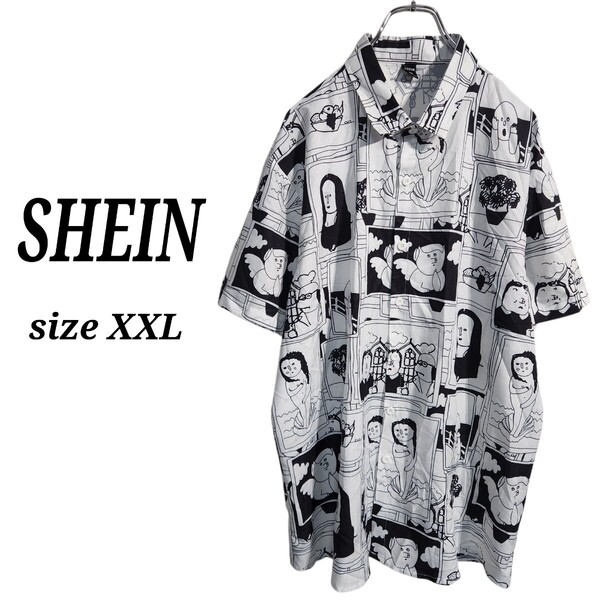 SHEIN シーイン ショートスリーブ 総柄シャツ 半袖 アートデザイン 白黒 メンズXXL 大きめ オーバーサイズ ビッグシルエット 90s