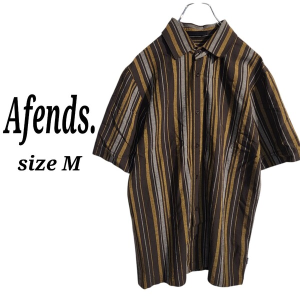 Afends 半袖 レーヨンシャツ ストライプ マルチカラー 茶 メンズM オーバーサイズ ビッグシルエット 90s