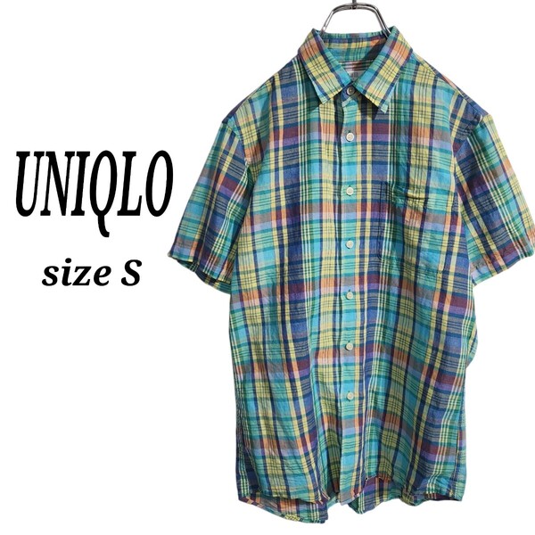 UNIQLOユニクロ ショートスリーブ チェックシャツ 半袖 マルチカラー レーヨン 麻 メンズ S オーバーサイズ ビッグシルエット 90s