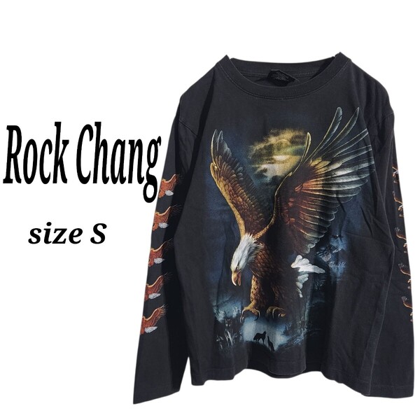 Rock Chang ロングスリーブ 長袖 プリントTシャツ グラフィック ロンT カットソー メンズ S オーバーサイズ ビッグシルエット 90s