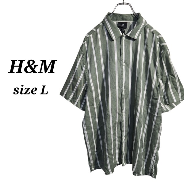 H&M エイチアンドエム ショートスリーブ ストライプシャツ 半袖 テロテロ 緑 メンズL オーバーサイズ ビッグシルエット 90s