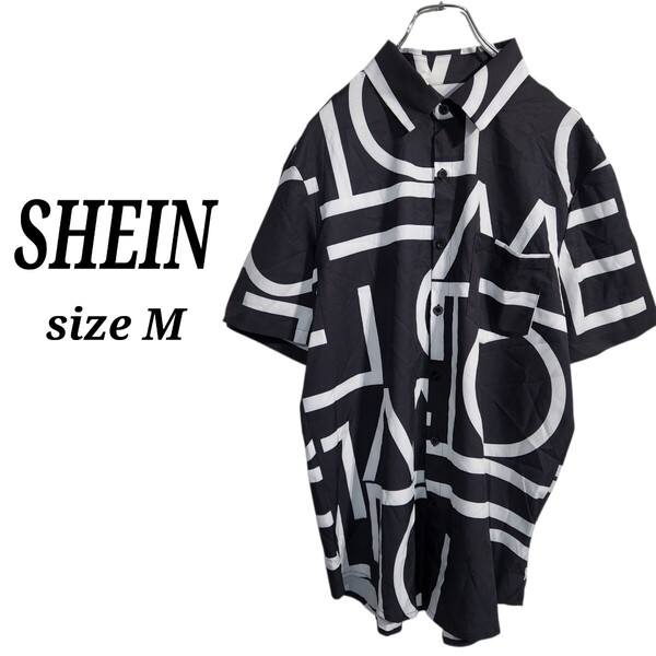 SHEIN シーイン ショートスリーブ ポリエステルシャツ 半袖 幾何学模様 モノトーン テロテロ メンズ M オーバーサイズ 90s