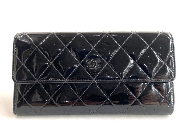 【即決】CHANEL シャネル ココマーク マトラッセ 二つ折り 長財布 パテント レザー エナメル ブラック