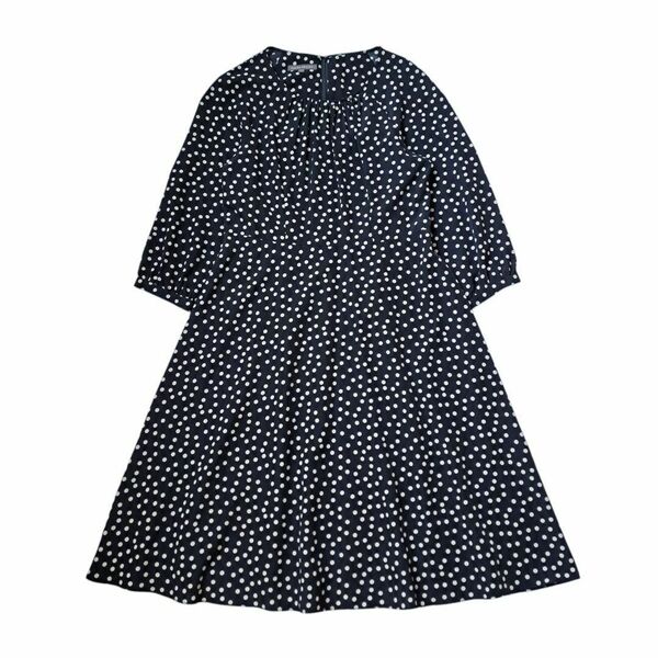 美品 LAURA ASHLEY ローラアシュレイ ワンピース 水玉 ドット 11 L 総柄 長袖 レディース ロング 紺 ネイビー フレア かわいい