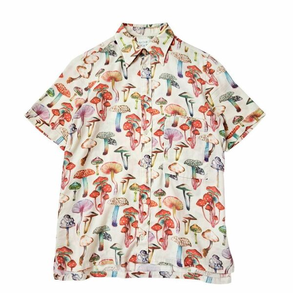 美品 ポールスミス PAUL SMITH 半袖 シャツ キノコ 総柄 ライトベージュ S きのこ ブランド ブラウス 予備ボタン付 春 夏 秋 綿 総柄 植物