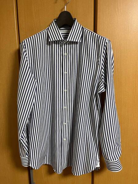 ギローバー ワイドカラーロンドンストライプシャツ 42 ホワイト×ネイビー 美品