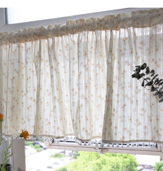 新品 カフェカーン 綿 ポンポン付き 目隠し コスモス 花柄 幅140cm*丈40cm 1枚 飾り インテリア