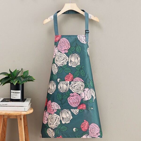 エプロン 薔薇 濃いグリーン 花柄 防水 バラ トロピカル 前掛け DIY キッチン用品 フリーサイズ オシャレ
