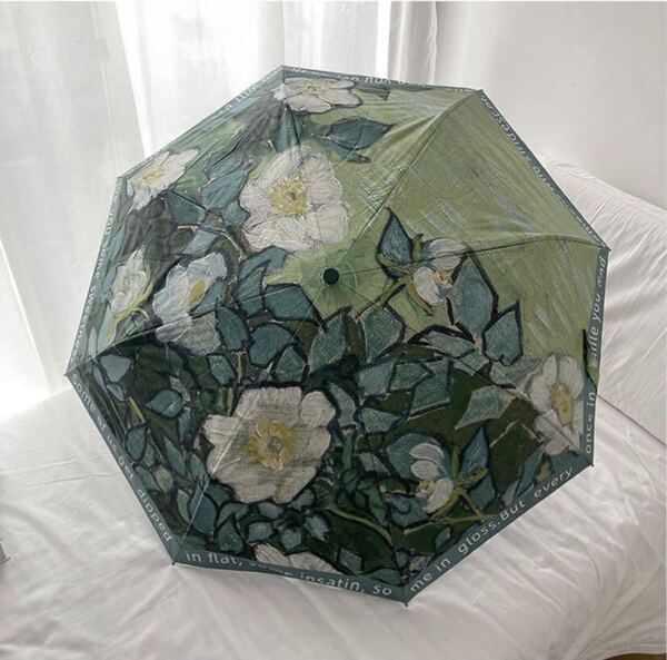 新品 折り畳み傘 収納ポーチ付き 晴雨兼用傘 日傘 耐風 丈夫 花柄 オシャレなデザイン グリーン 野薔薇 映える 雨傘