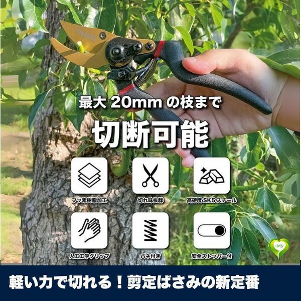 【軽い力で切れる!剪定ばさみの新定番】剪定ばさみ 枝切ばさみ 剪定鋏 植木ばさみ 園芸用品 フッ素コーティング 錆びにくい 人気 おすすめ