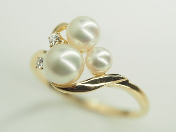 MIKIMOTO ミキモト 素敵な天然アコヤ本真珠リング 指輪 K18YG 天然ダイヤモンド 11号 パール3.9mm~5.7mm珠