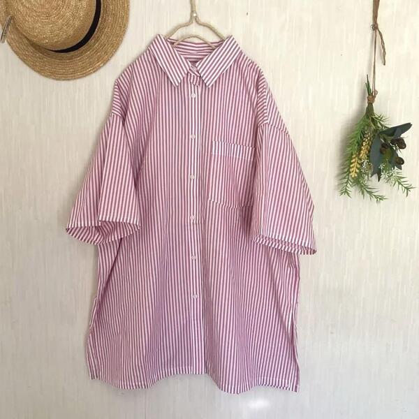 新品★サマンサモスモス★sm2★人気定番*ストライプ*シャツチュニック*羽織ブラウス*ピンク