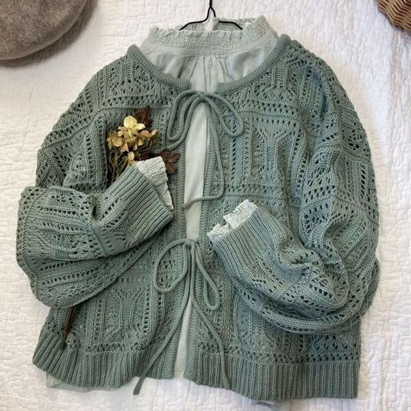 新品★サマンサモスモス★sm2★結びリボン*2WAY前後着*透かしレース*ニット*ミント