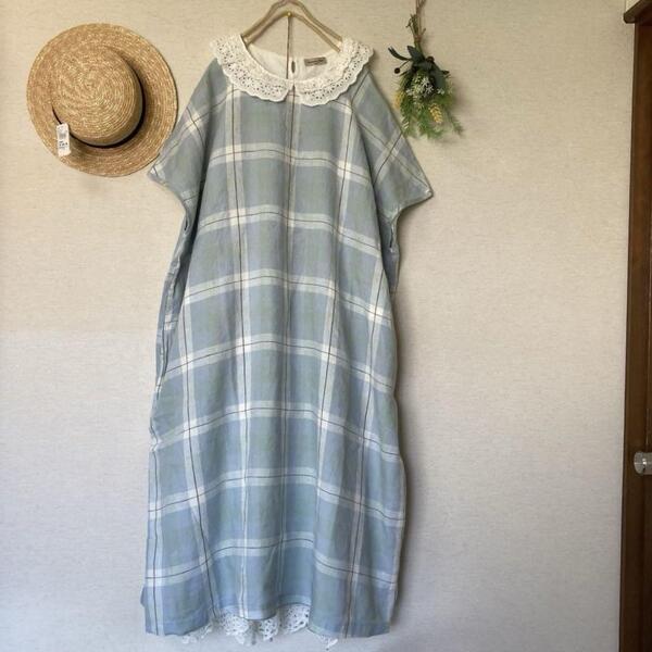 新品★サマンサモスモス★sm2★リネン100%*後編み上げリボン*チェックワンピース