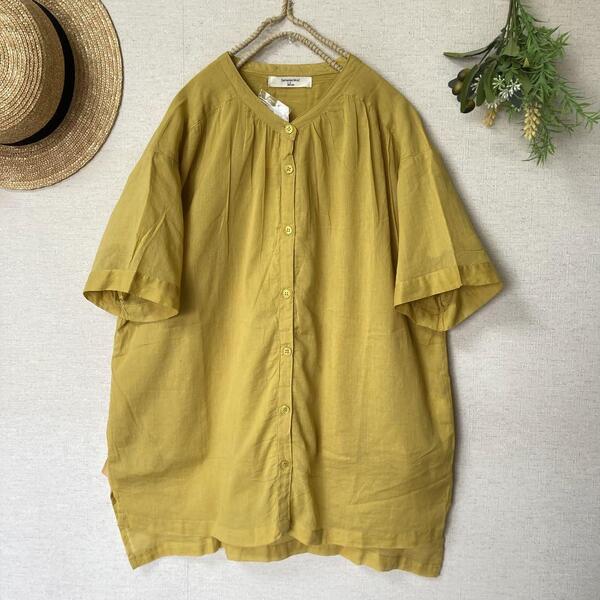 新品★サマンサモスモス★blue★イエロー*コットンボイル*ギャザーブラウス*涼しいインド綿