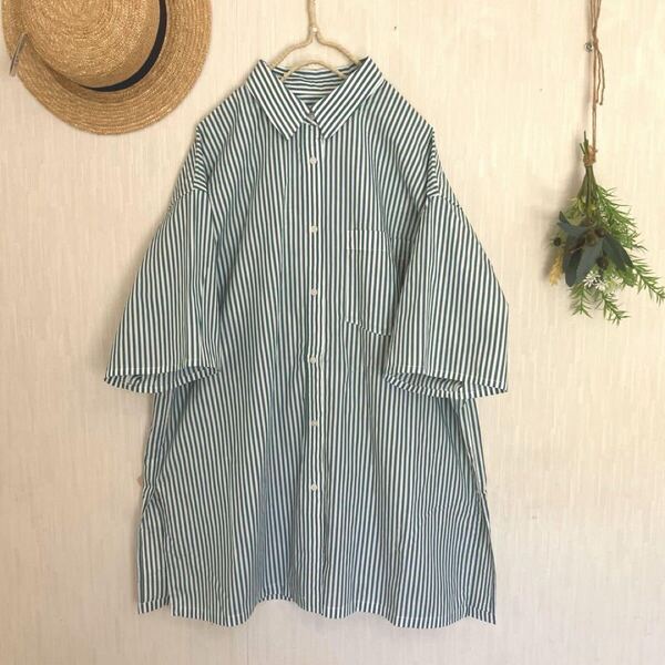 新品★サマンサモスモス★sm2★人気定番*ストライプ*シャツチュニック*羽織ブラウス*グリーン