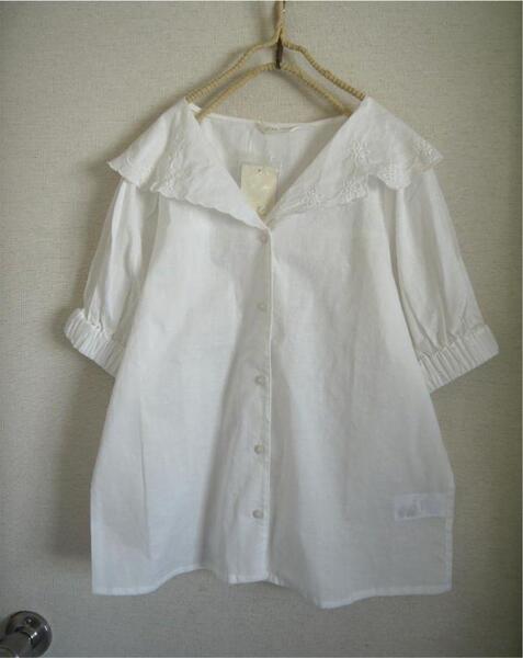 新品★ehka sopo byサマンサモスモス★開襟*お花刺繍スカラップレース襟*可愛いパフスリーブブラウス