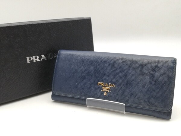PRADA プラダ 長財布 レザー ロゴ サフィアーノ ブルー ウォレット 箱付き 送料無料