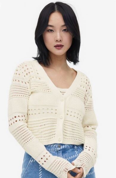 H&M ニットゲージカーディガン ボレロ トップス (L) ショート丈 ホワイト系 GU・ユニクロ好きにも 長袖