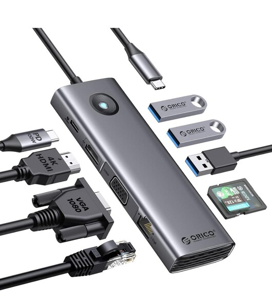 ORICO USB C ハブ 9-in-1 3*USB3.0 HDMI出力 4K@30Hz 100W PD充電 MicroSD/SDカード スロット搭載 1080P VGAポート グレー