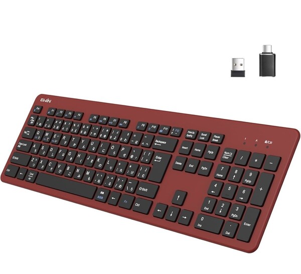 Ewin ワイヤレスキーボード 2.4G JIS配列 テンキー付き USB接続 レシーバー付き (Red)