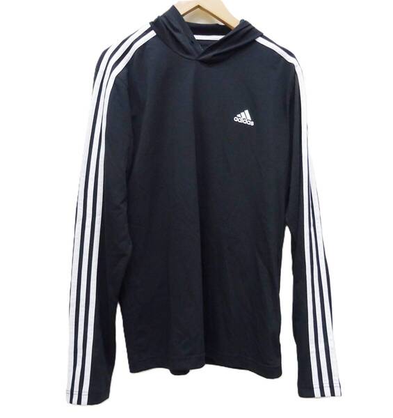 H-236-4 未使用 adidas アディダス メンズ フード付長袖Tシャツ 3ストライプ (フードのヒモ無し・タグ無し)【M】黒 薄手 品番H09263-KML02