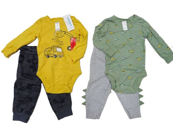 H-072-7 新品 カーターズ carter's ベビー ロンパース 2点+パンツ2点 4点セット 9M(6~9か月) 男の子 恐竜 / トラック、ショベルカー