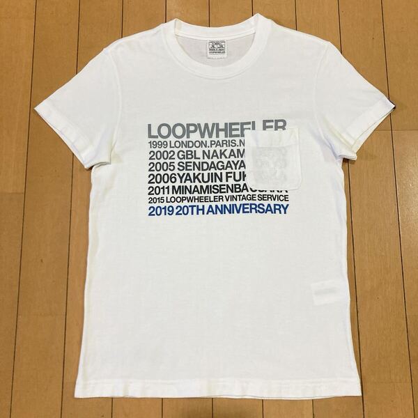 【良品】LOOPWHEELER ループウィラー 刺繍 20周年記念Tシャツ ホワイト ポケT Tシャツ ホワイト 半袖 半袖Tシャツ プリント 白 ポケット