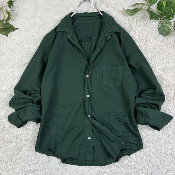 美品 Frank & Eileen フランクアンドアイリーン BARRY バリー しわ加工 ダメージ加工 開襟シャツ 長袖シャツ S グリーン USA製