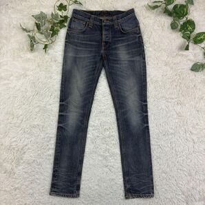 美品 Nudie Jeans ヌーディージーンズ GRIM TIM WORN DEEP ユーズド加工スリムストレートストレッチデニムパンツ 29 イタリア製