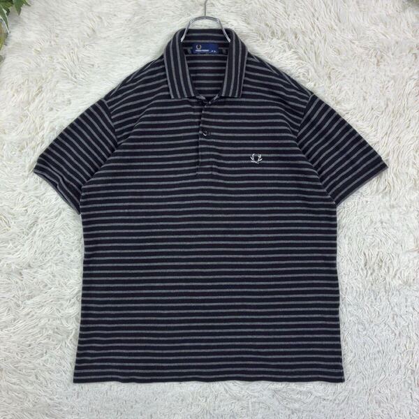 美品 FRED PERRY フレッドペリー ワンポイント刺繍ロゴ ボーダー ポロシャツ ビッグシルエット XL 大きいサイズ 日本製