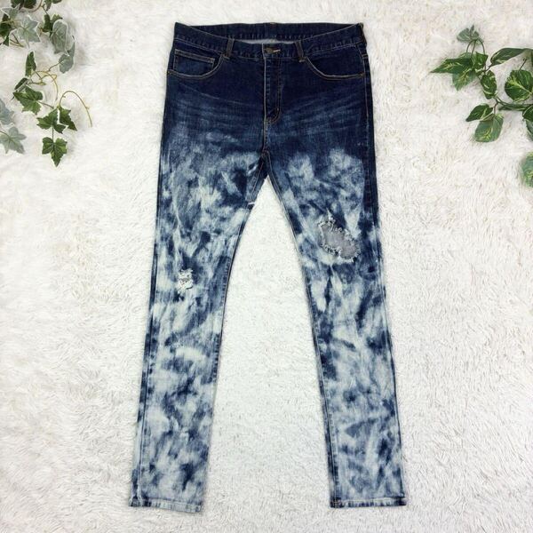 美品 希少 LEFLAH レフラー ブリーチ加工 クラッシュ加工 ストレッチスキニーデニムパンツ 濃紺 XXL 大きいサイズ