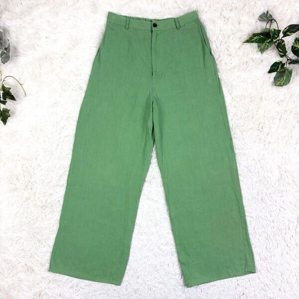 美品 SLOBE IENA スローブイエナ 2023SS リネン 麻 100% European Linen ワイドパンツ ストレートパンツ 38 グリーン