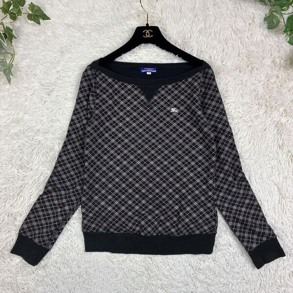 美品 BURBERRY BLUE LABEL バーバリーブルーレーベル ノバチェック ワンポイントホースロゴ 刺繍ロゴ スウェット M 日本製
