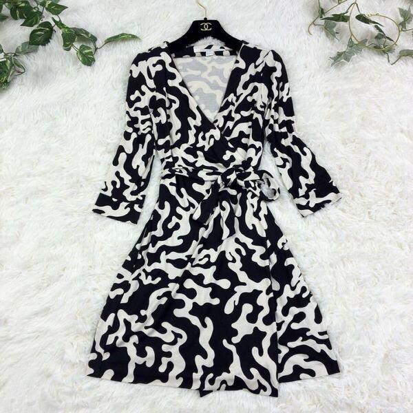 美品 DIANE von FURSTENBERG ダイアンフォンファステンバーグ シルク100% 絹100% カシュクールワンピース ラップ ストレッチ 0